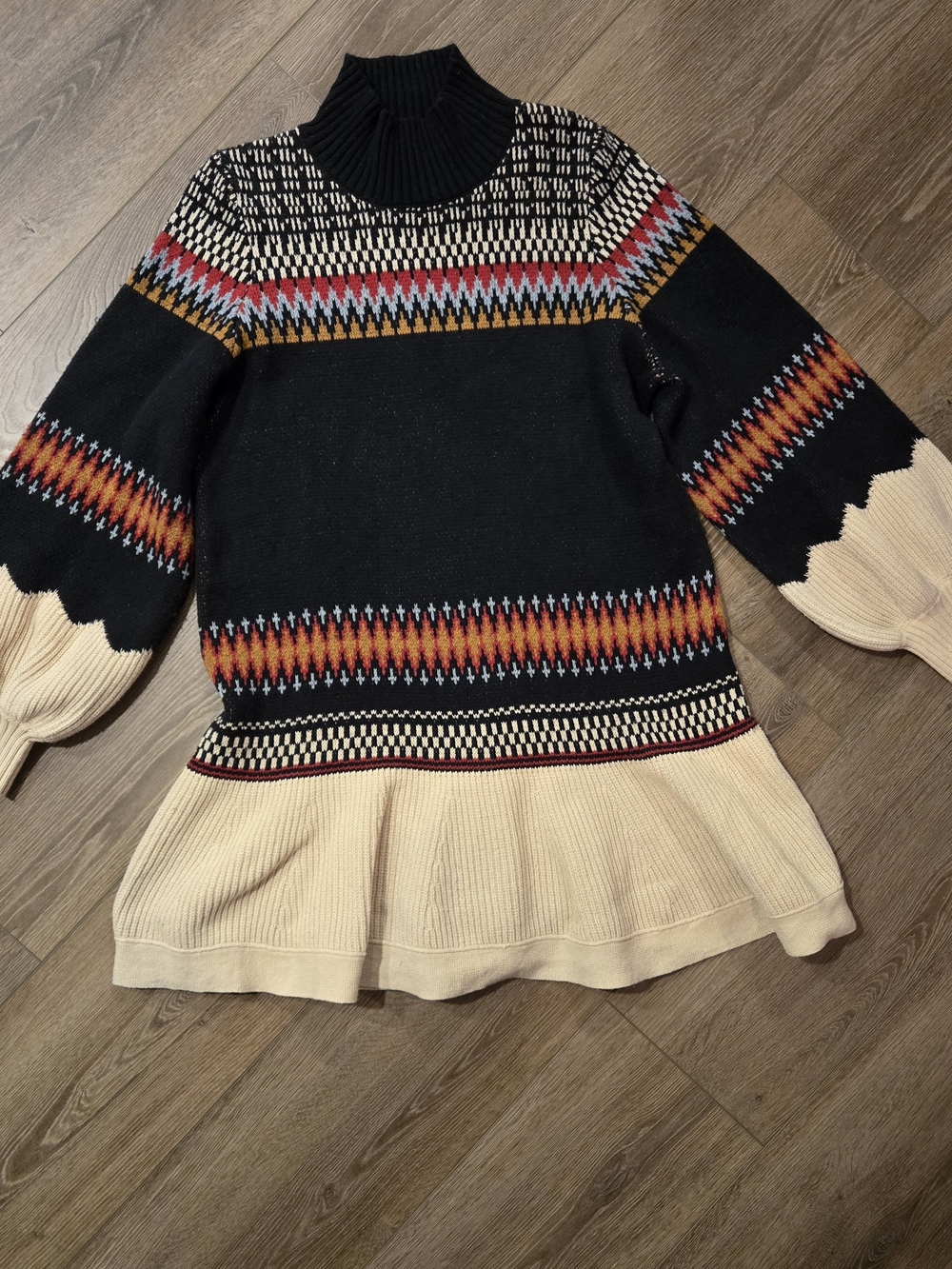 Anthropologie Black Fair Isle Turtleneck Dress with Cream Hem